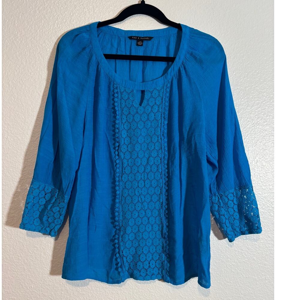 Zac & Rachel Size L Blue Floral Lace Crochet Panel 3/4 Sleeves Scoop Neck Top